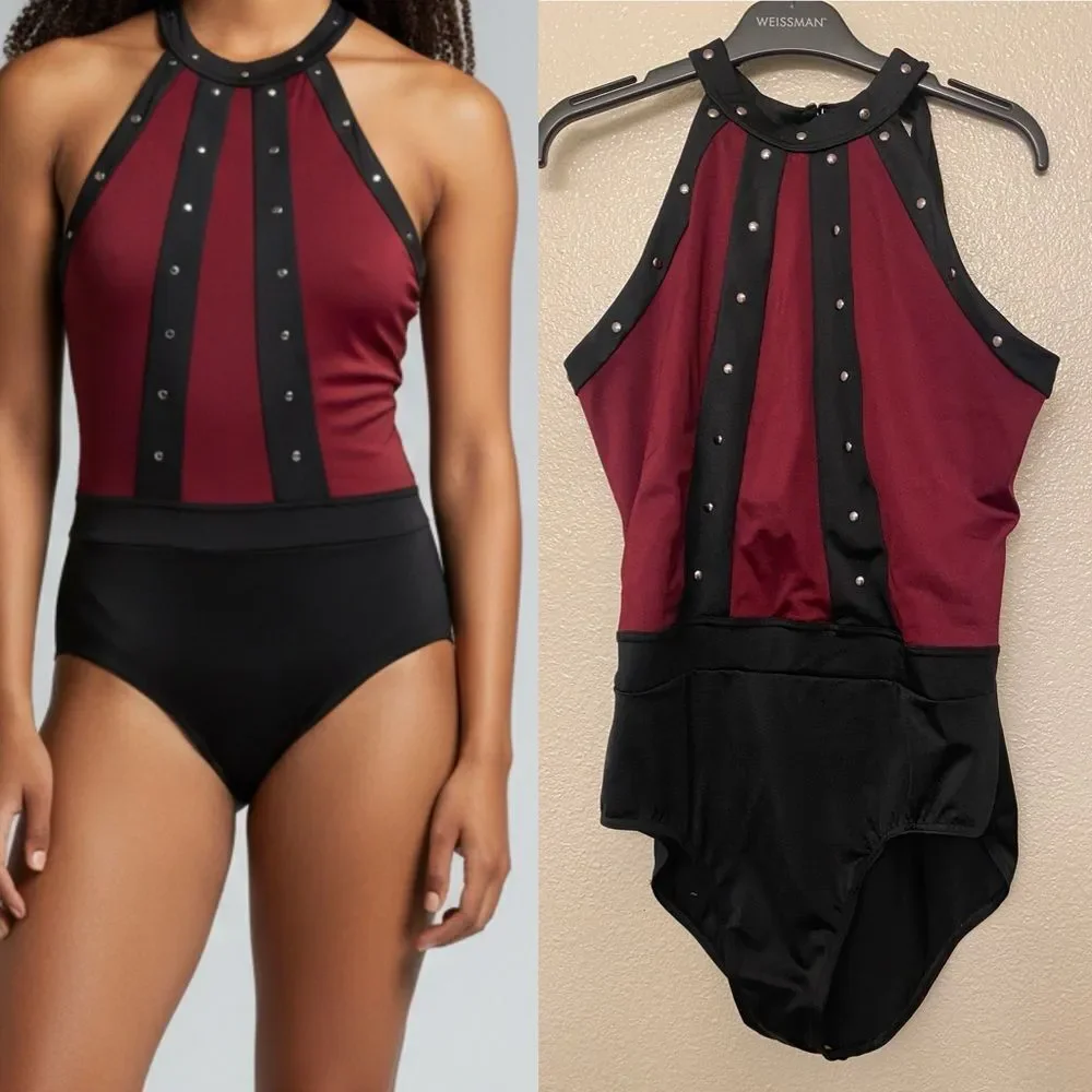 WEISSMAN Elite Dance Costume burgundy Studded Cage Strap leotard SH12602 LA